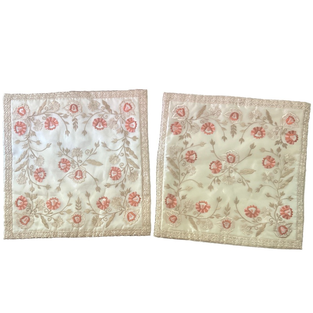 Vintage Satin Blend Embroidered Floral Gold Cushion Covers Set of 2 16x16 Zip